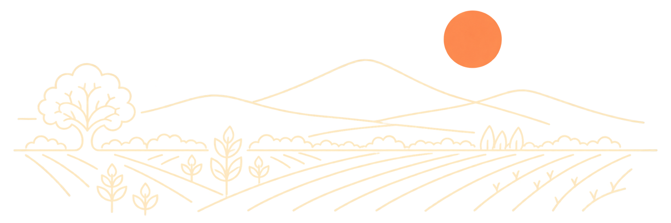 Line drawing of farmland, hills, trees and sun
