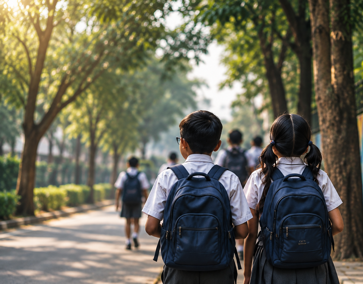 School children walking past a community mural