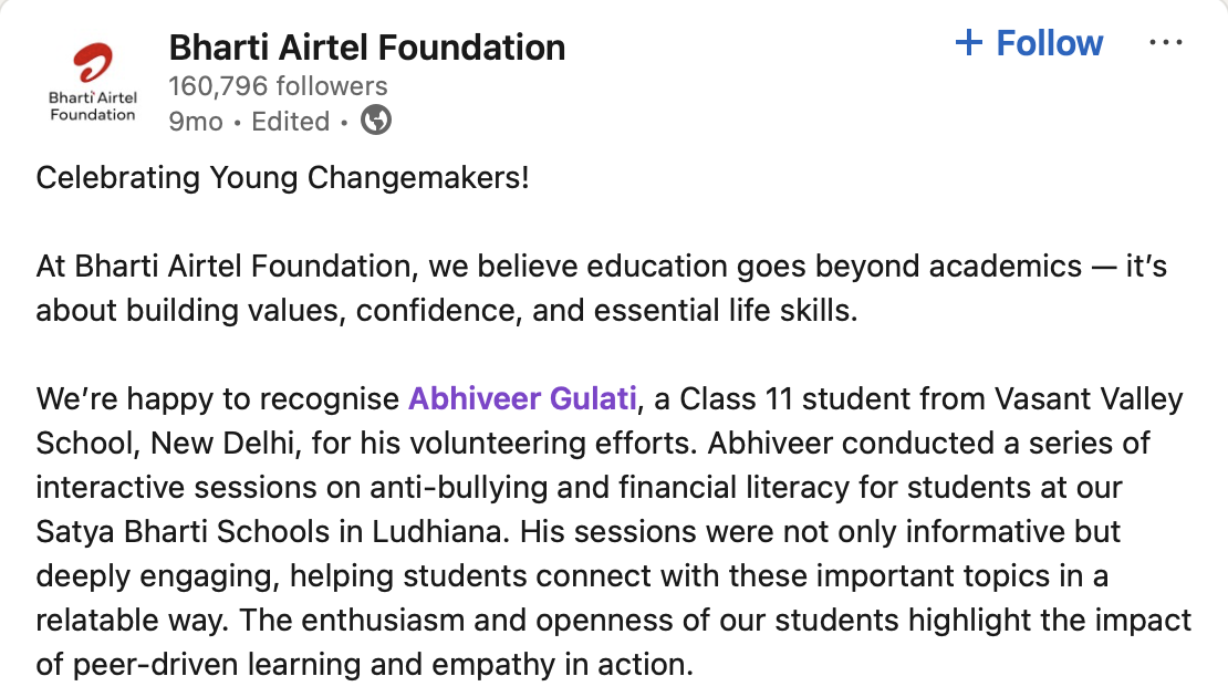Bharti Airtel Foundation Young Changemaker recognition