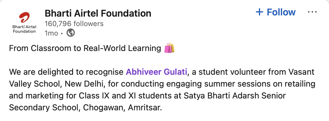 Bharti Airtel Foundation LinkedIn shoutout for the Retail Lab